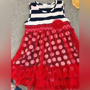 Emily Rose Red Tulle over Navy/White Polka Dots Dress Navy Stripes at top size 8